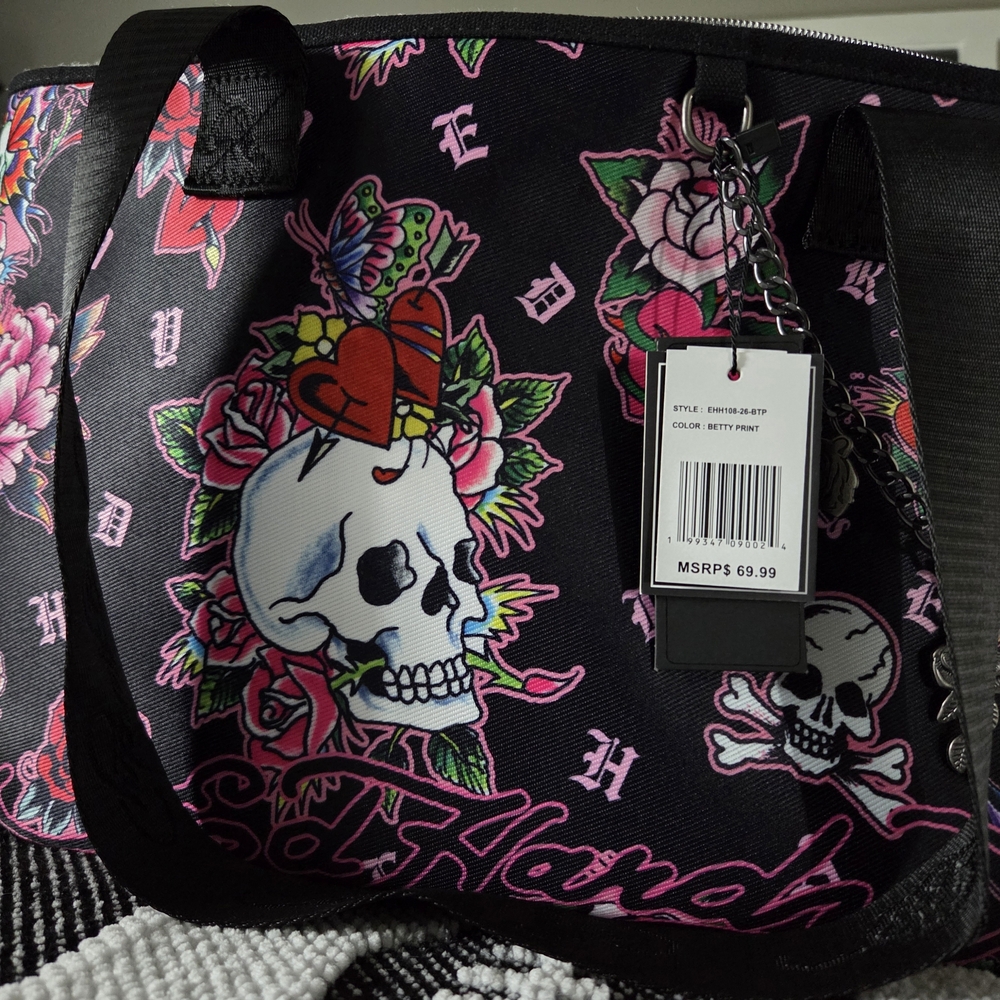 Ed Hardy Black Tote with Skull and Butterfly Design